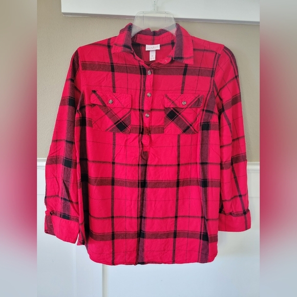 Isabel Maternity, Long Sleeve Plaid Collared Shirt w/Tie Waist, Red/Black, Med - Picture 3 of 6